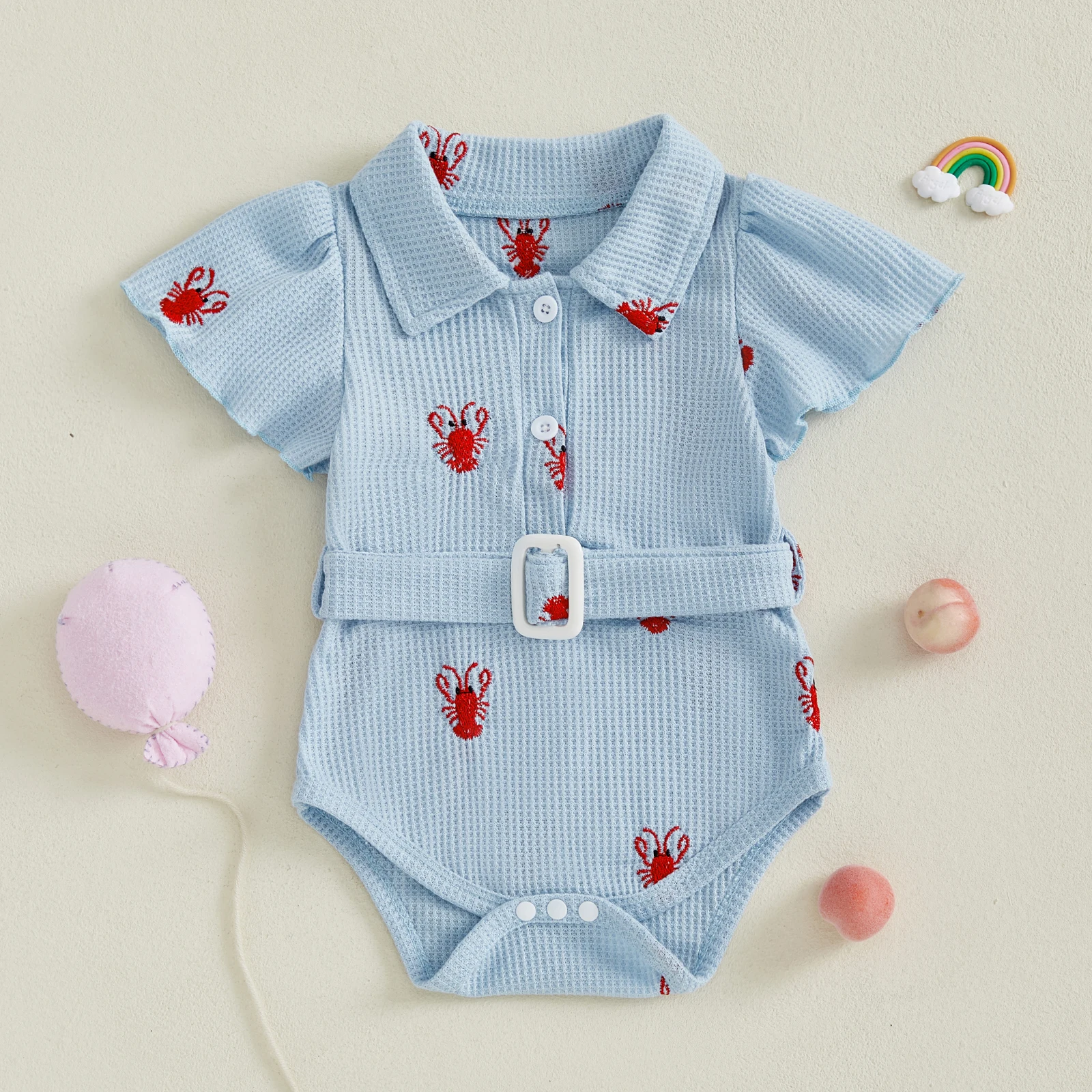 0-24 Months Baby Girl Summer Belted Romper Short Sleeve Lapel Lobster Embroidery Sweet Jumpsuit
0-24 Months Baby Girl Summer Belted Romper Short Sleeve Lapel Lobster Embroidery Sweet Jumpsuit