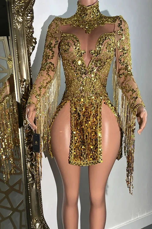 Diamond Party Outfit luxury Partition Gold Sequin Dress
Diamond Party Outfit luxury Partition Gold Sequin Dress