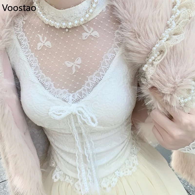 French Style Sweet Lace Blouses Autumn Winter Women Kawaii Bow Lace Up Mesh Shirts Elegant Female Chic Long Sleeve Inside Tops 
French Style Sweet Lace Blouses Autumn Winter Women Kawaii Bow Lace Up Mesh Shirts Elegant Female Chic Long Sleeve Inside Tops