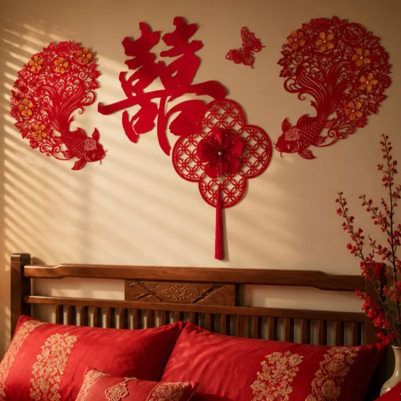 Wedding Room Decoration Set: Xizi Bedroom Headboard Backdrop with Dragon-and-Phoenix Wedding Stickers and Bunting
Wedding Room Decoration Set: Xizi Bedroom Headboard Backdrop with Dragon-and-Phoenix Wedding Stickers and Bunting