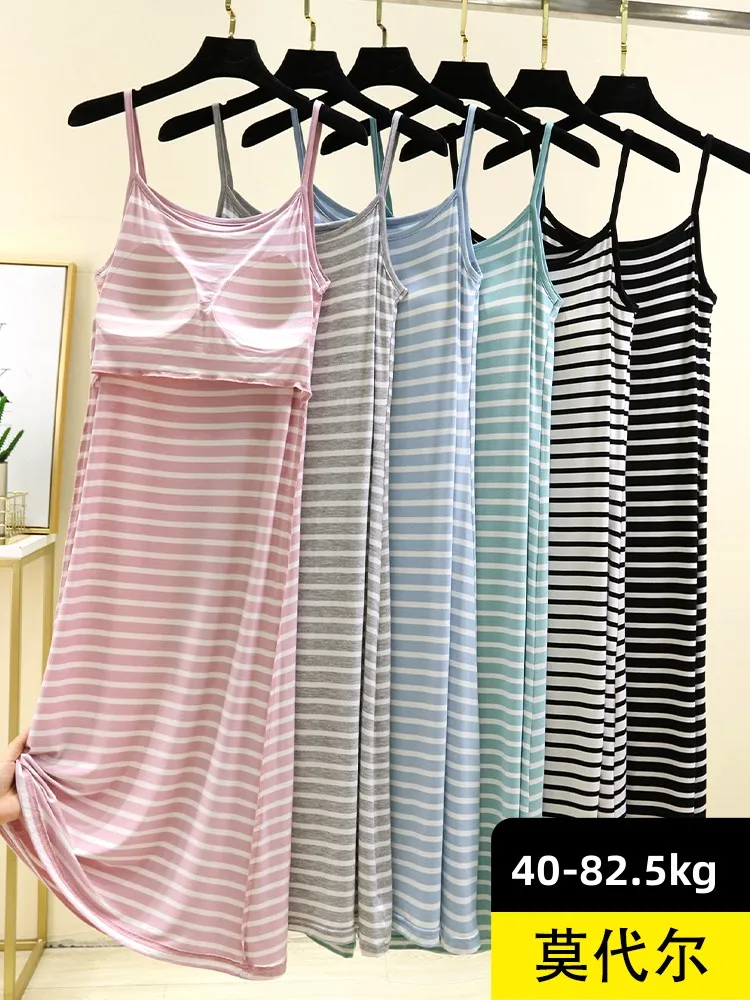 Summer Thin Modal Strap Dr Women's Casual Stripe Long Slimming Base Dr round Ne Mid-Length Home Comfort Spwear
Summer Thin Modal Strap Dr Women's Casual Stripe Long Slimming Base Dr round Ne Mid-Length Home Comfort Spwear