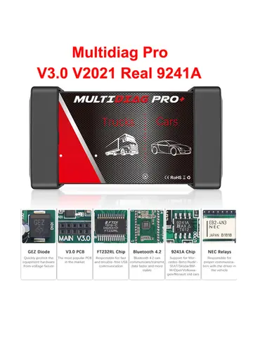Multidiag Pro 2021.10b 2021.11 OBD2 Diagnostic Tool With Keygen TCS PRO VCI V3.0 Green PCB White NEC Relay Real 9241A Car Truck