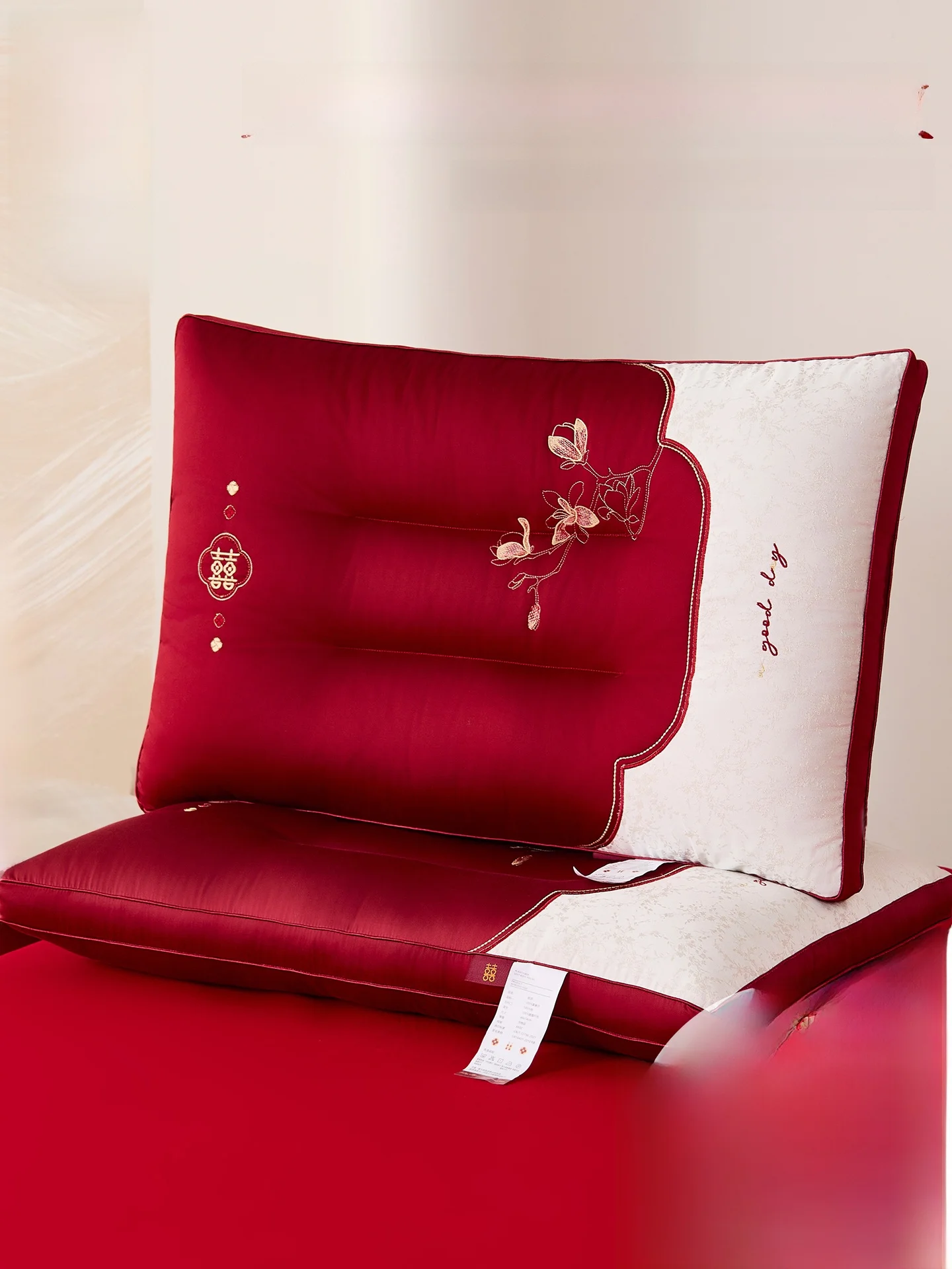 Wedding Couple Pillow Set Pure Cotton Embroidered Red Home Use Wedding Celebration Polyester Fiber Rectangular Pillow Core