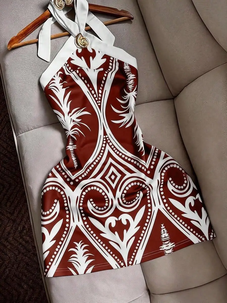 Fitted Halter Tie Waist Printed Mini Dress For Women Beach Vacation
Fitted Halter Tie Waist Printed Mini Dress For Women Beach Vacation