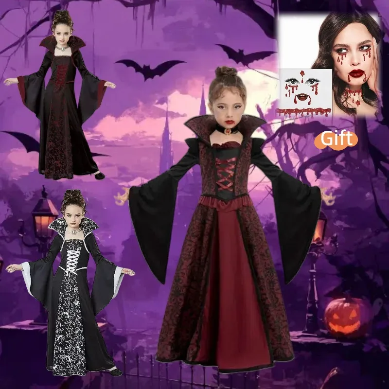Girls Halloween Royal Vampire Cosplay Medieval Witch Retro Lace-up Stand-up Collar Flared Sleeves Dress Themed Party Outfits
Girls Halloween Royal Vampire Cosplay Medieval Witch Retro Lace-up Stand-up Collar Flared Sleeves Dress Themed Party Outfits