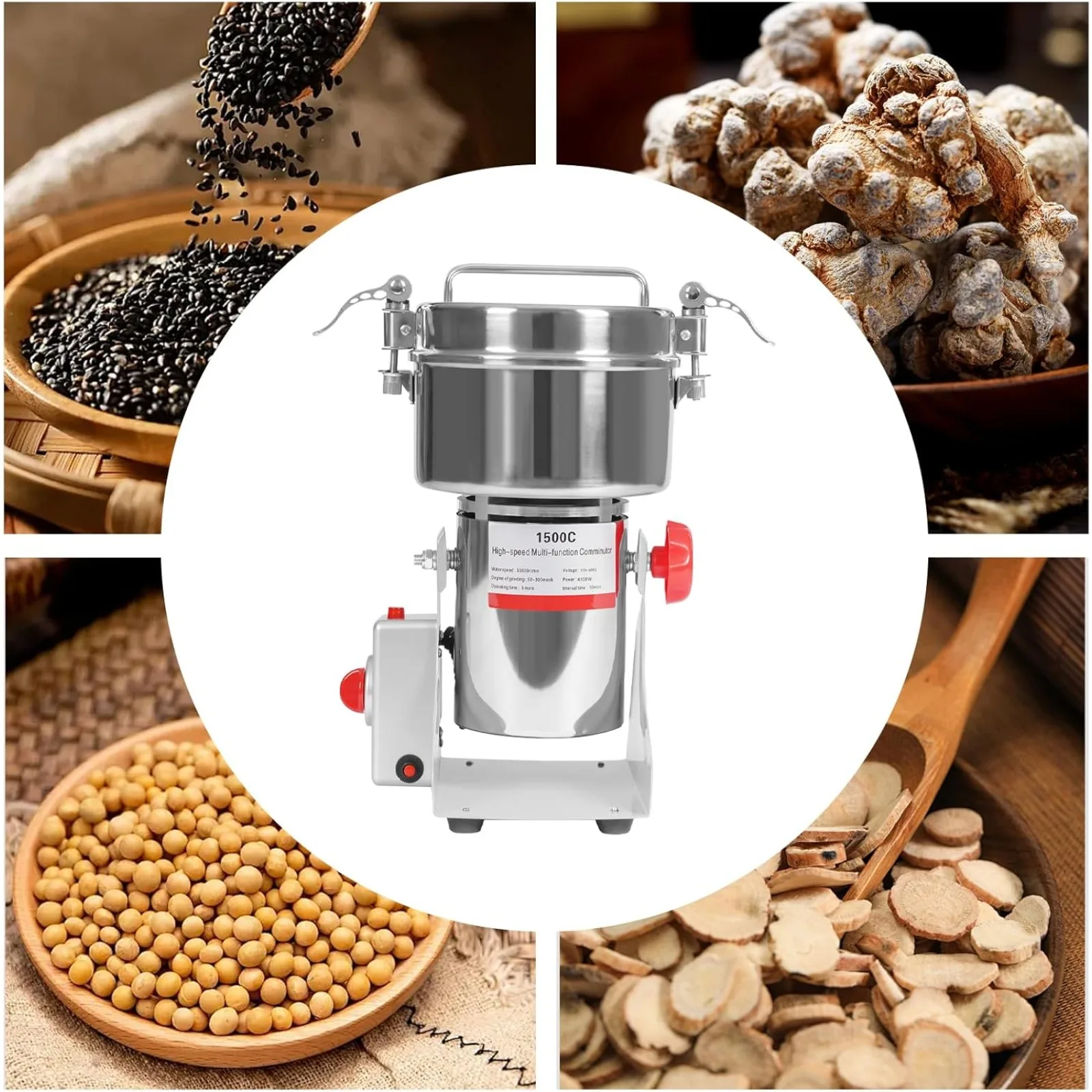 4100W Commercial Grain Grinder, 1500g High-Speed Dry Mill, 30000RPM Stainless Steel Electric Pulverizer for Herbs, Spices
4100W Commercial Grain Grinder, 1500g High-Speed Dry Mill, 30000RPM Stainless Steel Electric Pulverizer for Herbs, Spices