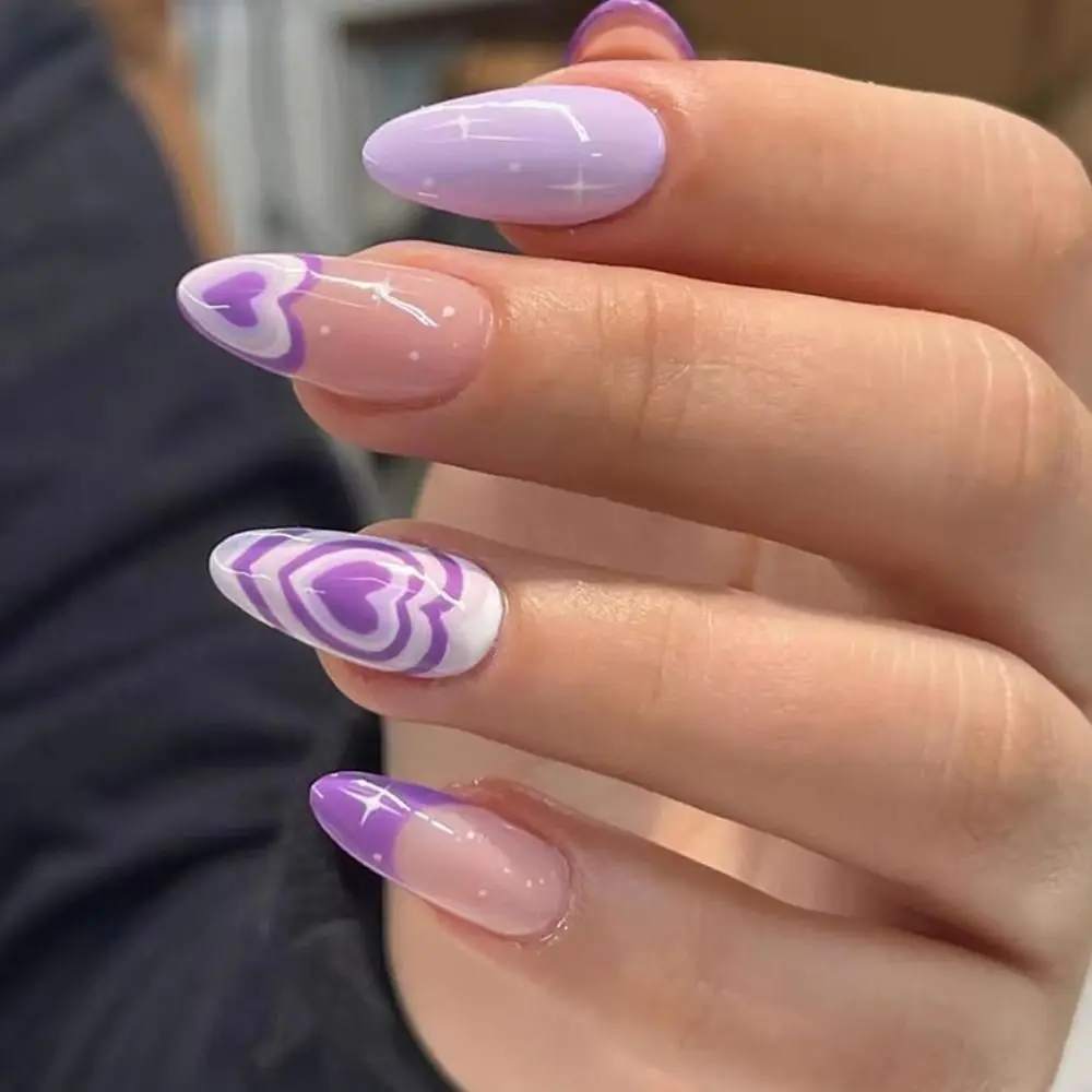 Manicure Long Almond False Nails French Purple Love Heart Fake Nials Detachable Flowers Nail Tips DIY
Manicure Long Almond False Nails French Purple Love Heart Fake Nials Detachable Flowers Nail Tips DIY