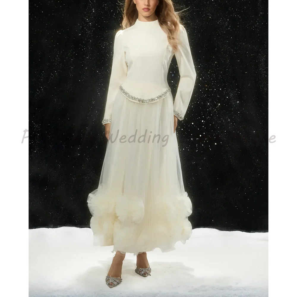 Ivory High Neck Long Sleeve Wedding Dress Luxury Beaded Waist Tulle 3D Flower A-Line Formal Evening Gown for Women
Ivory High Neck Long Sleeve Wedding Dress Luxury Beaded Waist Tulle 3D Flower A-Line Formal Evening Gown for Women