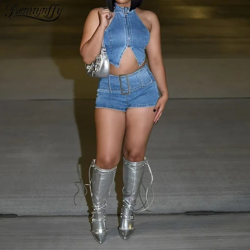 Benuynffy Sexy Club Streetwear Shorts Set Women's Halter Neck Zip Up Crop Top And Elastic Denim Shorts Summer Two Piece Set
Benuynffy Sexy Club Streetwear Shorts Set Women's Halter Neck Zip Up Crop Top And Elastic Denim Shorts Summer Two Piece Set