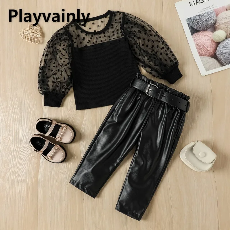 Осенний модный комплект из 2 предметов для девочек, черно-белый сетчатый топ в горошек с пышными рукавами + брюки из искусственной кожи с поясом, детская одежда A407
Осенний модный комплект из 2 предметов для девочек, черно-белый сетчатый топ в горошек с пышными рукавами + брюки из искусственной кожи с поясом, детская одежда A407