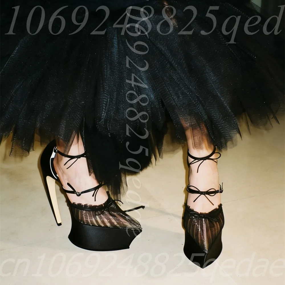 Women's Pointed Toe Extreme High Heel Sandals, Mesh Upper Ankle Lace Up Straps, Bow Knot Decor Platform Heel Pumps for Ladies
Women's Pointed Toe Extreme High Heel Sandals, Mesh Upper Ankle Lace Up Straps, Bow Knot Decor Platform Heel Pumps for Ladies