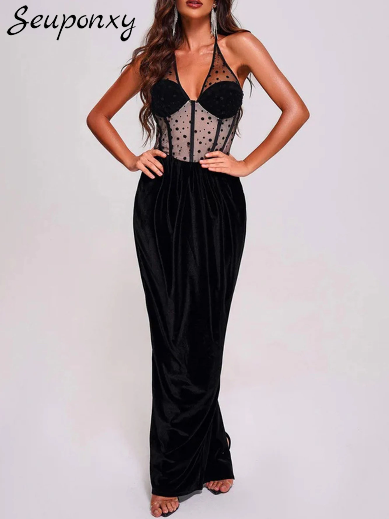 High Quality Women'S Sexy Sleeveless Hanging Neck Backless Polka Dot Lace Velvet Maxi Dress Elegant Evening Party Dress Vestidos
High Quality Women'S Sexy Sleeveless Hanging Neck Backless Polka Dot Lace Velvet Maxi Dress Elegant Evening Party Dress Vestidos