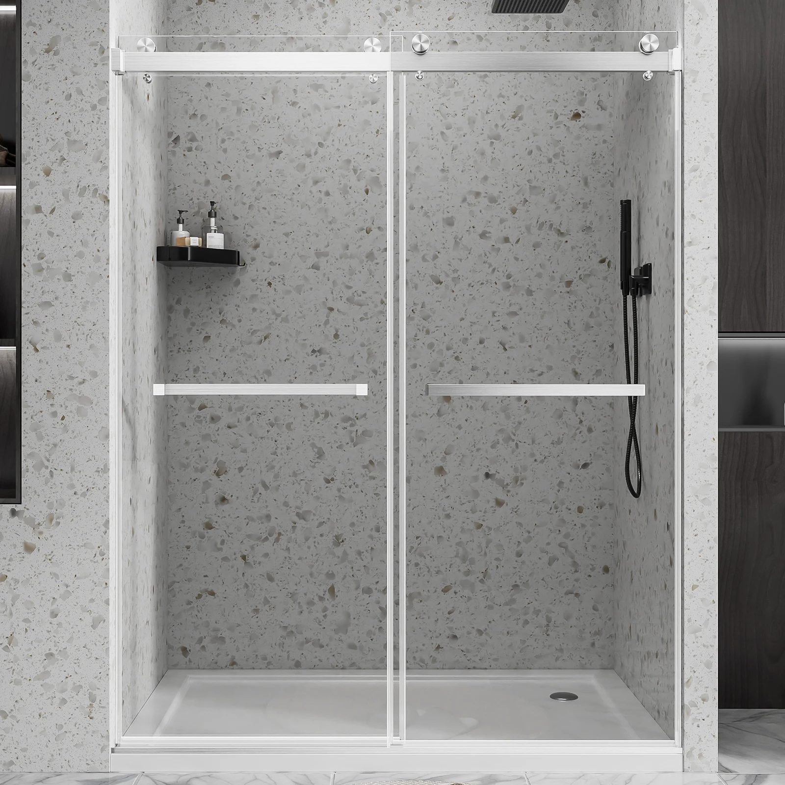 56~60"W×72"H Frameless Sliding Shower Enclosure,304 Brushed Stainless Steel Top Rail,6mm ANSI Clear Tempered Glass With Explosion-Proof Film,Reversible Sliding Installation
56~60"W×72"H Frameless Sliding Shower Enclosure,304 Brushed Stainless Steel Top Rail,6mm ANSI Clear Tempered Glass With Explosion-Proof Film,Reversible Sliding Installation