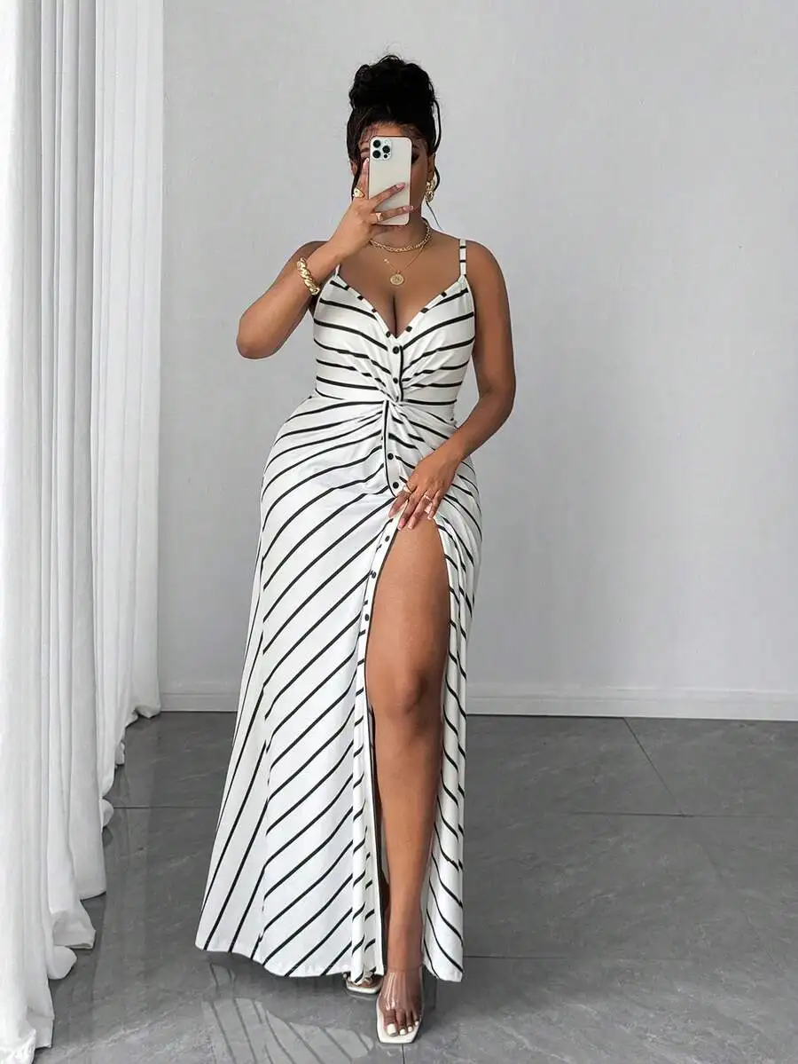 Elegant Plus Size Striped Spaghetti Strap Backless Maxi Dress For Vacation Party
Elegant Plus Size Striped Spaghetti Strap Backless Maxi Dress For Vacation Party