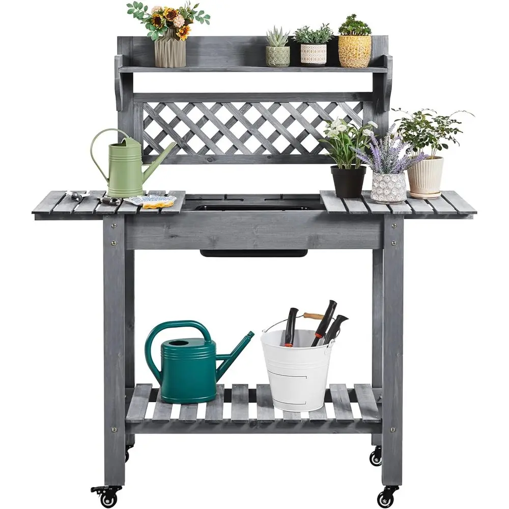 Outdoor Wooden Garden Potting Bench with Sliding Top, Removable Sink, Storage Shelf, and Mobile Design in Gray
Outdoor Wooden Garden Potting Bench with Sliding Top, Removable Sink, Storage Shelf, and Mobile Design in Gray