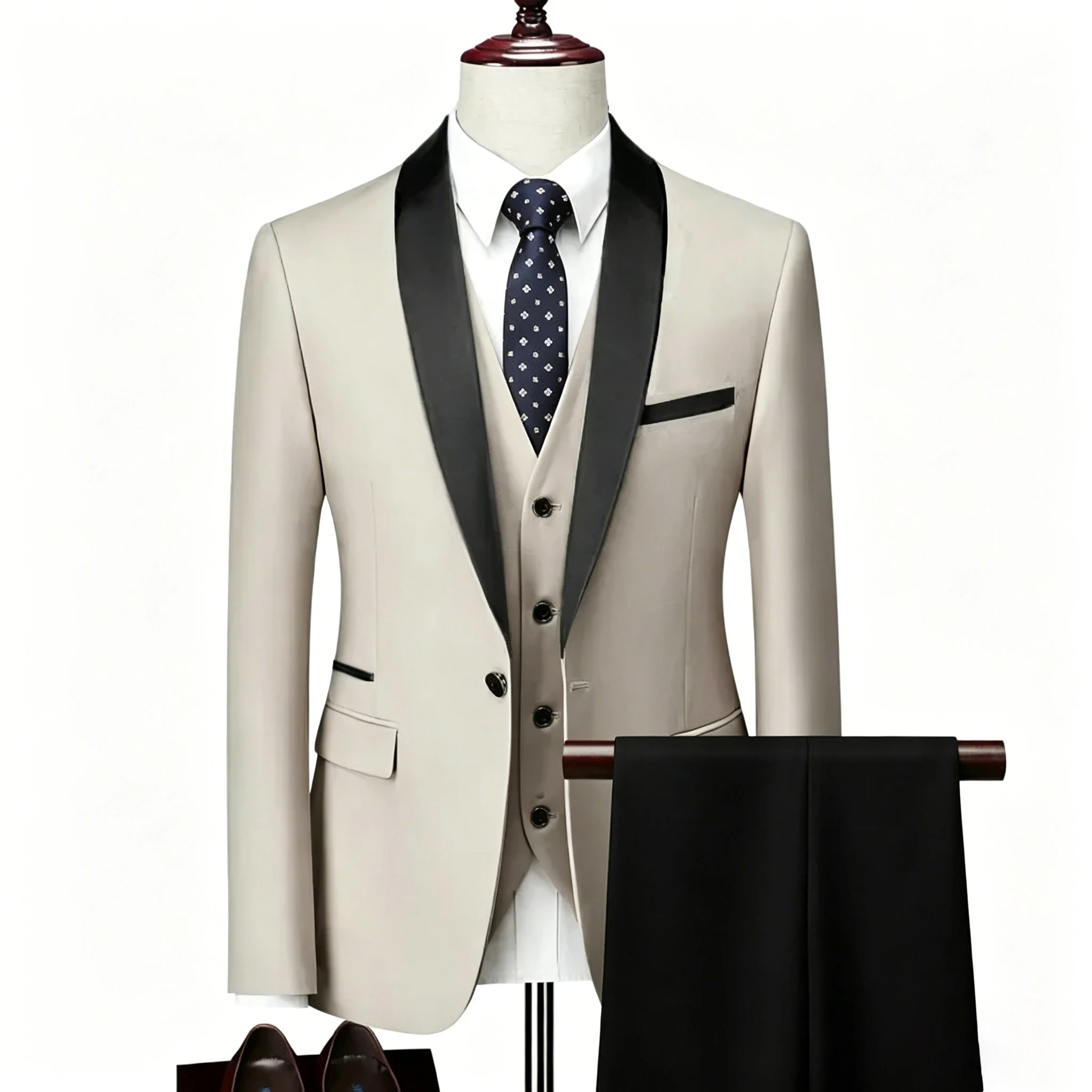 ( Jacket + Vest + Pants ) Men's 3 Piece Tuxedo Suit Set, Beige Blazer with Black Shawl Lapel for Wedding, Groom, Formal Party
( Jacket + Vest + Pants ) Men's 3 Piece Tuxedo Suit Set, Beige Blazer with Black Shawl Lapel for Wedding, Groom, Formal Party