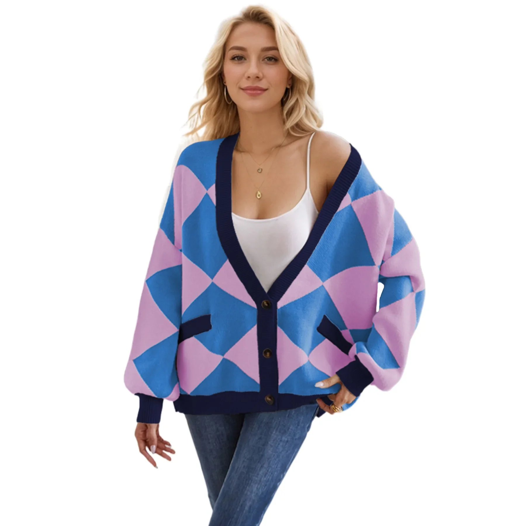 Autumn and Winter New Argyle Spell Color V-neck Knit Cardigan Coat, Women's Loose Single-breasted Patchwork Knit Sweater Caot
Autumn and Winter New Argyle Spell Color V-neck Knit Cardigan Coat, Women's Loose Single-breasted Patchwork Knit Sweater Caot