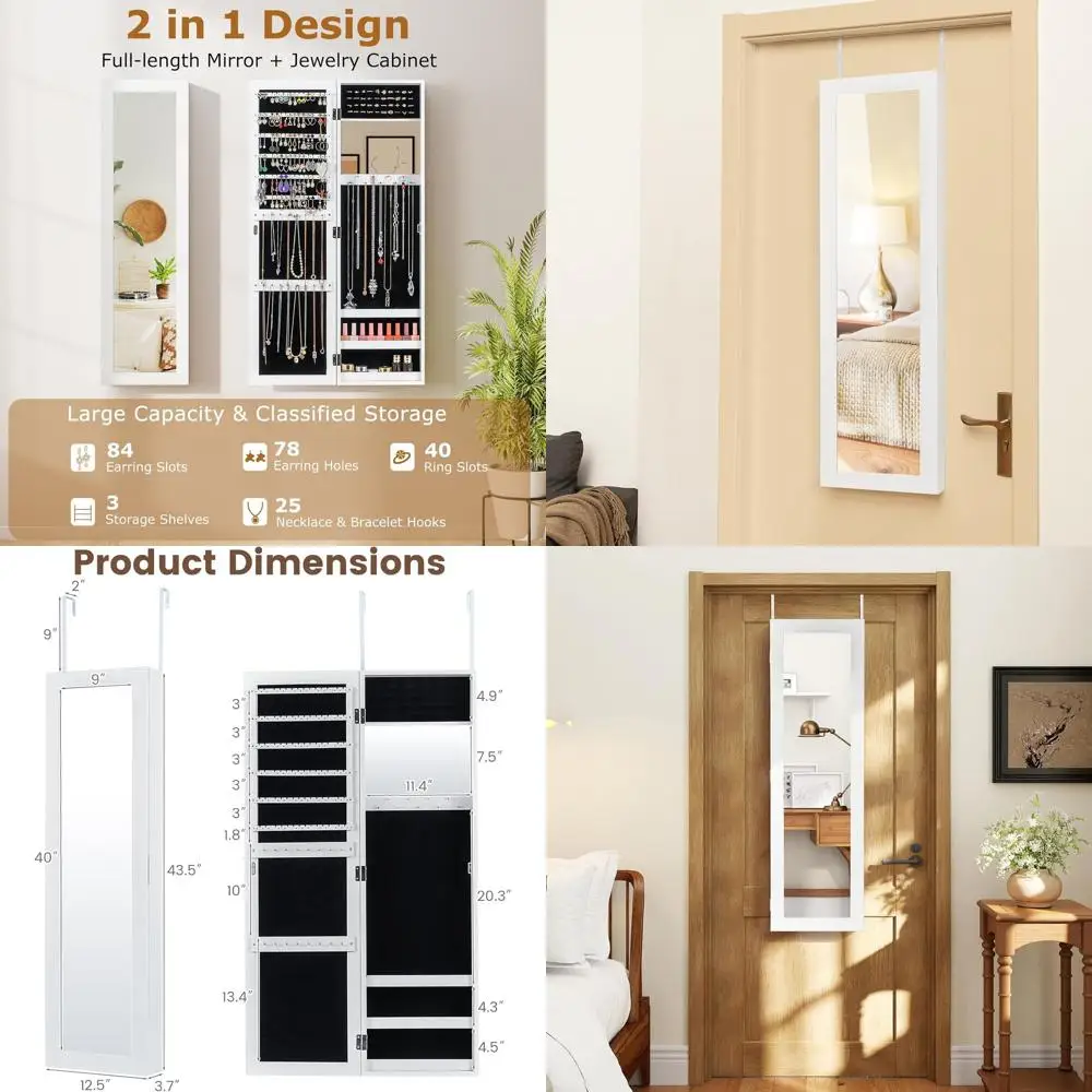 Настенный шкаф для ювелирных изделий с зеркалом в полный рост, зеркалом для макияжа, хранилищем для колец и ожерелья для спальни или гардеробной (белый)
Настенный шкаф для ювелирных изделий с зеркалом в полный рост, зеркалом для макияжа, хранилищем для колец и ожерелья для спальни или гардеробной (белый)