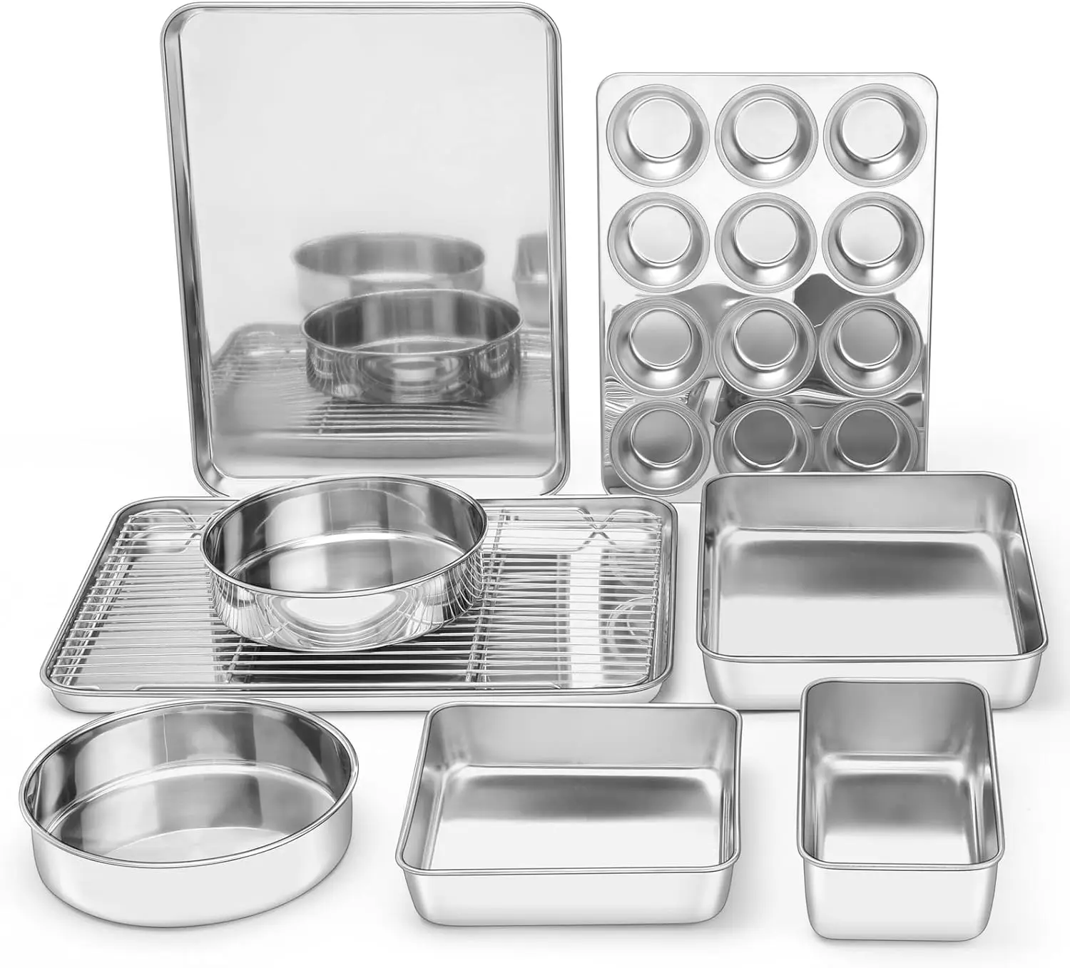 9-Piece Stainless Steel Baking Pan Set for Cake, Cookie, Loaf & Muffin with Cooling Rack, Dishwasher Safe
9-Piece Stainless Steel Baking Pan Set for Cake, Cookie, Loaf & Muffin with Cooling Rack, Dishwasher Safe