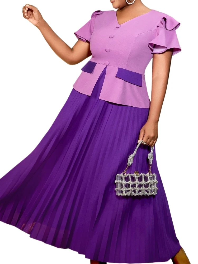 Elegant Long Pleated Dresses V Neck Color Block Peplum Mock Pockets Ruffles Buttons Cuve Event Church Female Modest Birthday New
Elegant Long Pleated Dresses V Neck Color Block Peplum Mock Pockets Ruffles Buttons Cuve Event Church Female Modest Birthday New