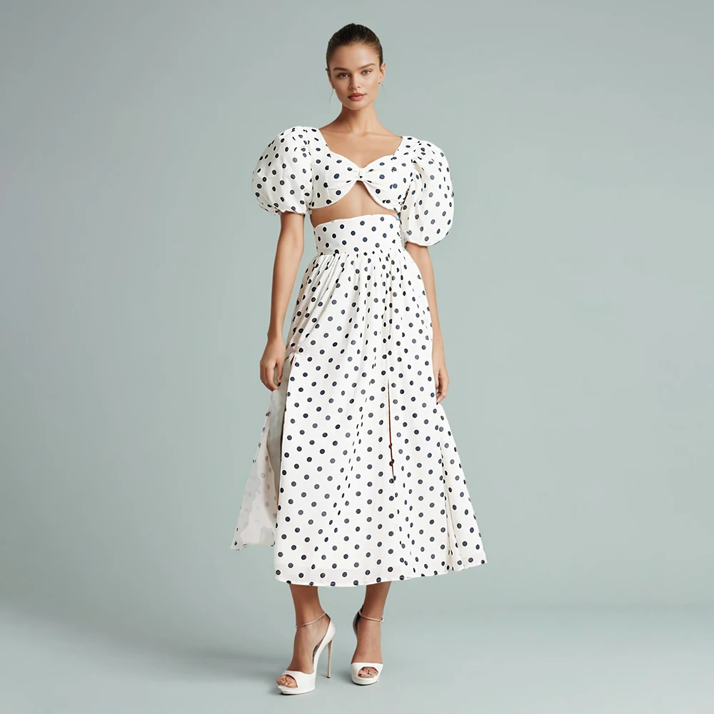 Colorblock Polka Dot Two Piece Sets For Women V Neck Puff Sleeve Tops High Waist Split Skirt Minimalist Set Female
Colorblock Polka Dot Two Piece Sets For Women V Neck Puff Sleeve Tops High Waist Split Skirt Minimalist Set Female