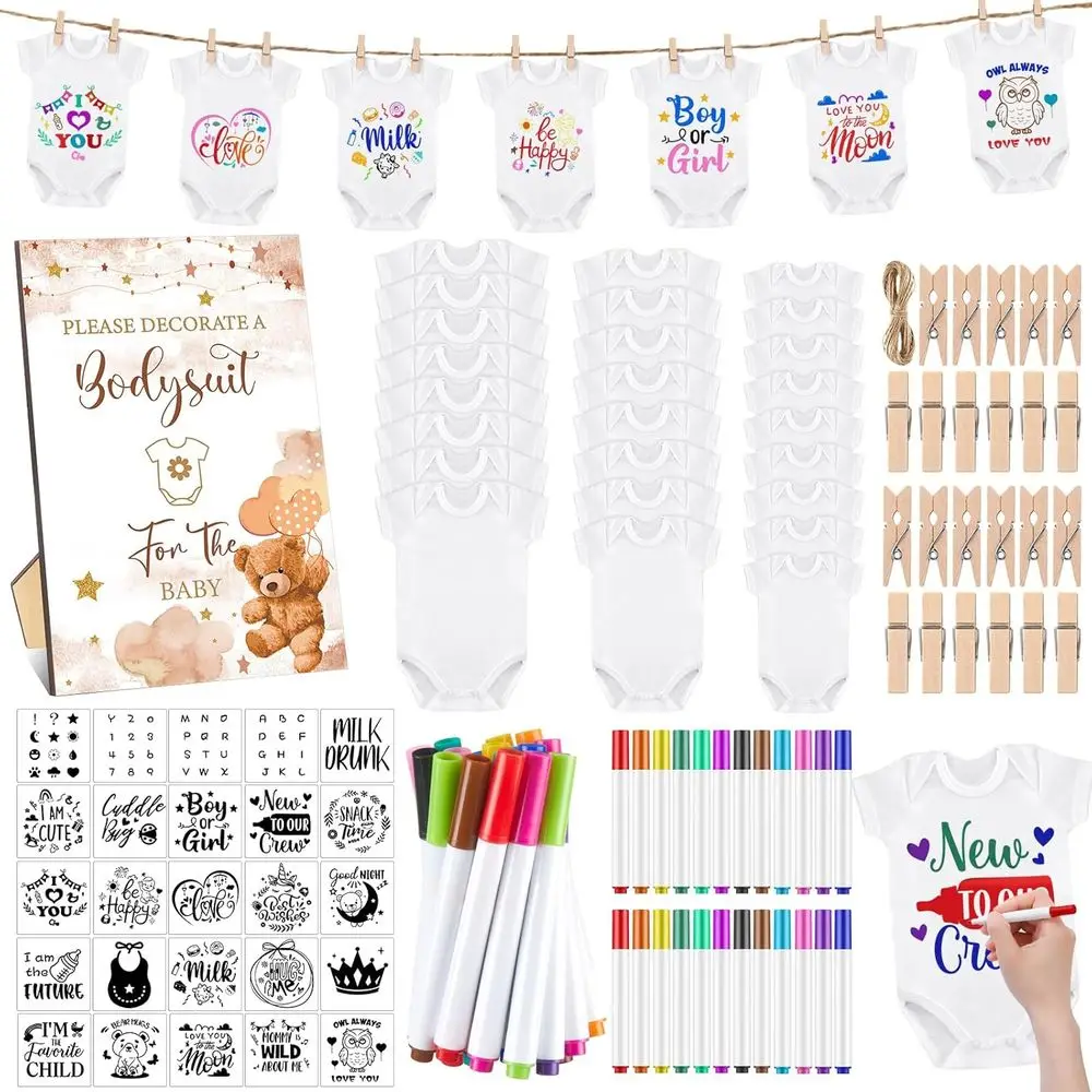 Набор для творчества на выписку/день рождения малыша, 126 предметов: 25 белых боди, 25 трафаретов, 24 маркера, 1 табличка, 50 булавок (Медвежонок)
Набор для творчества на выписку/день рождения малыша, 126 предметов: 25 белых боди, 25 трафаретов, 24 маркера, 1 табличка, 50 булавок (Медвежонок)