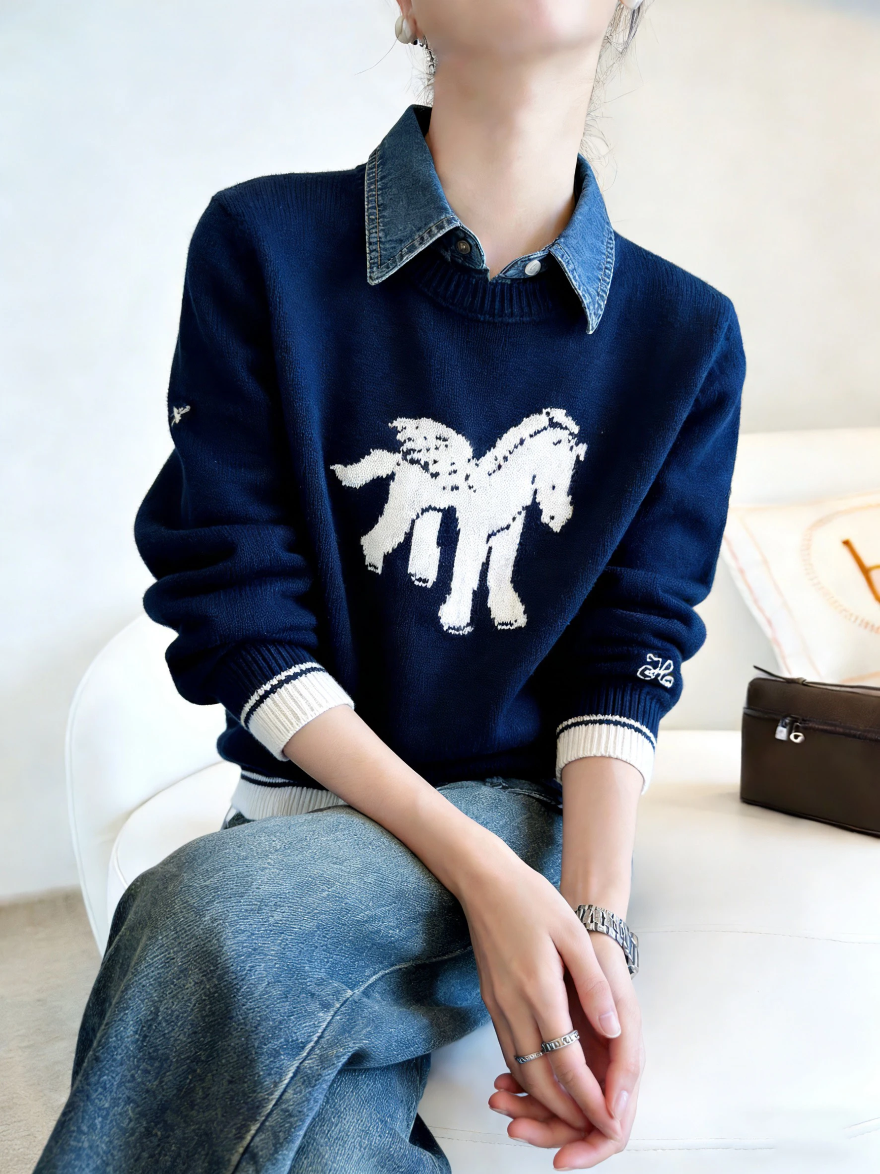 Spring 2026 Women's orn Knitted round Ne Sweater Tonal Blue Embroidery Design Comfortable Fit Long Sve Casual Top
Spring 2026 Women's orn Knitted round Ne Sweater Tonal Blue Embroidery Design Comfortable Fit Long Sve Casual Top