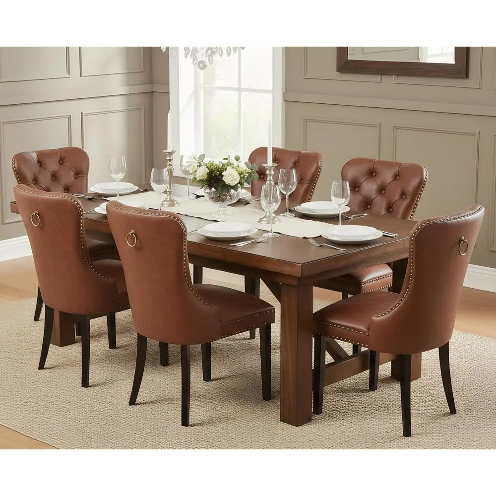 Mid-Century Leather Dining Chairs Set of 6 with Wood Legs, Tufting, Nail Trim, Suitable for Kitchen or Living Room, Brown
Mid-Century Leather Dining Chairs Set of 6 with Wood Legs, Tufting, Nail Trim, Suitable for Kitchen or Living Room, Brown