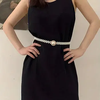 여성용 진주 허리 체인, 대형 진주 상감 다이아몬드 탄성 벨트, 허리 장식, 얇은 벨트 비즈 탄성 벨트