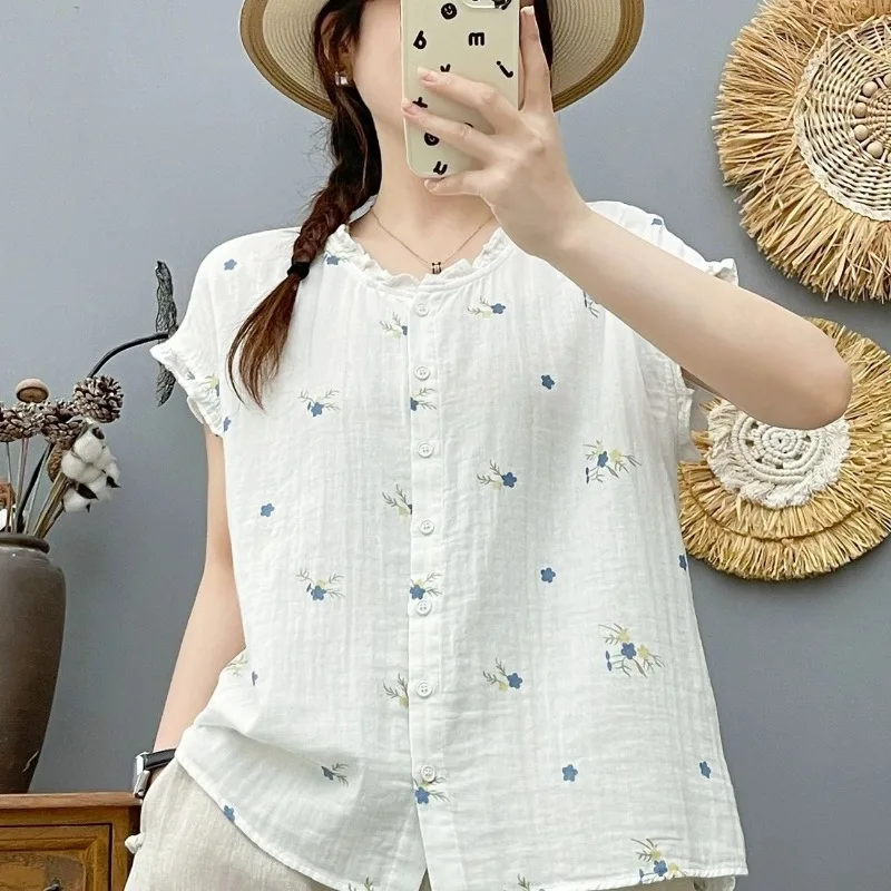 Women's Cotton Double Gauze Floral Blouse Lace Trim Ruffle Sleeve Loose Casual Summer Shirt
Women's Cotton Double Gauze Floral Blouse Lace Trim Ruffle Sleeve Loose Casual Summer Shirt