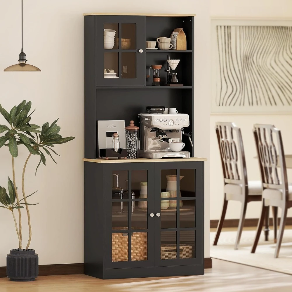 Kitchen Pantry Storage Cabinet, 72" Freestanding Cabinet with Hutch, Large Countertop, Glass Doors and Adjustable, Customized
Kitchen Pantry Storage Cabinet, 72" Freestanding Cabinet with Hutch, Large Countertop, Glass Doors and Adjustable, Customized