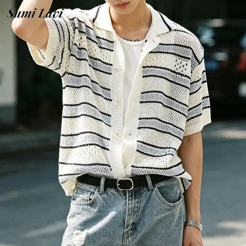 Trendy Patchwork Striped Knitted Shirt Men 2026 Summer Daily Casual Button Lapel Short Sleeve Shirts Vintage Mens Knit Cardigans
Trendy Patchwork Striped Knitted Shirt Men 2026 Summer Daily Casual Button Lapel Short Sleeve Shirts Vintage Mens Knit Cardigans