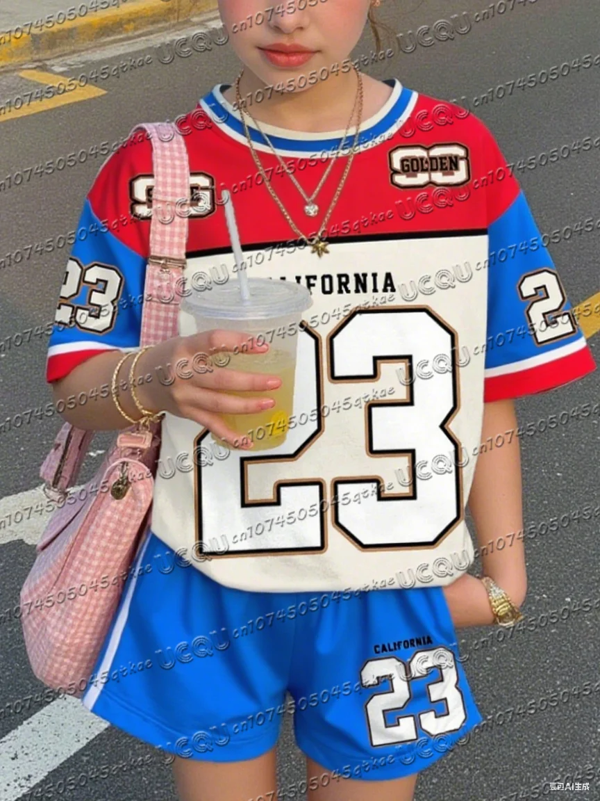 Girls Casual Minimalist Short Sleeve T-Shirt And Shorts 2 Pieces Set Summer Women's California NO.23 Sport T-shirt + Shorts Set
Girls Casual Minimalist Short Sleeve T-Shirt And Shorts 2 Pieces Set Summer Women's California NO.23 Sport T-shirt + Shorts Set