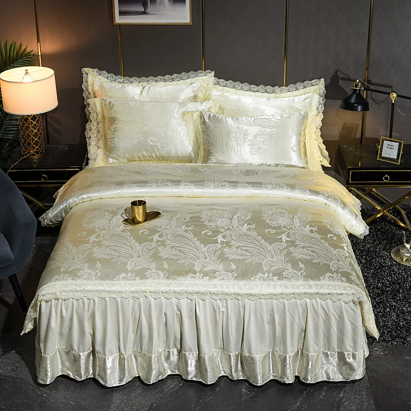 Beige Jacquard Bedding Set Luxury Lace Satin Cotton Duvet Cover Bed Skirt Bedspread Bed Covers Pillowcases King Queen Size 
Beige Jacquard Bedding Set Luxury Lace Satin Cotton Duvet Cover Bed Skirt Bedspread Bed Covers Pillowcases King Queen Size