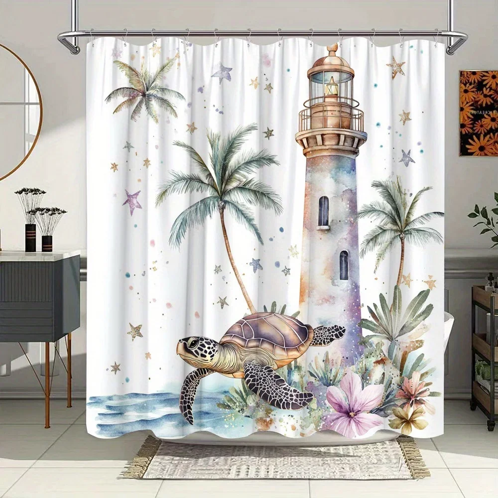 Занавеска для душа Tropical Paradise — акварельная морская черепаха и маяк, пастельные пальмы, морская звезда и цветы, фэнтезийный пейзаж, 
Занавеска для душа Tropical Paradise — акварельная морская черепаха и маяк, пастельные пальмы, морская звезда и цветы, фэнтезийный пейзаж,