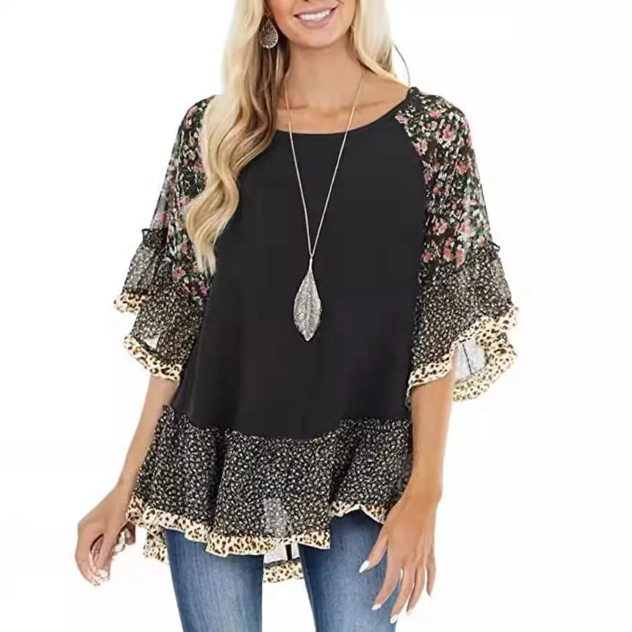 Fashion Spring Summer Blouses Top Bat Half-sleeved Floral Print Patchwork Shirt T-shirt Women's Casual Loose O-neck Leopard Tops
Fashion Spring Summer Blouses Top Bat Half-sleeved Floral Print Patchwork Shirt T-shirt Women's Casual Loose O-neck Leopard Tops