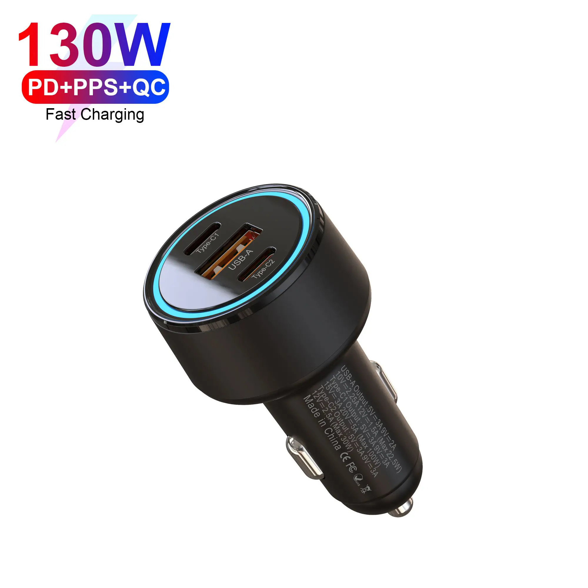 130W 3 Ports Car Fast Charger, PD PPS 100W+30W Type-C & QC18W USB-A Multi Port Car Cigarette Lighter Charger for Cell Phones
130W 3 Ports Car Fast Charger, PD PPS 100W+30W Type-C & QC18W USB-A Multi Port Car Cigarette Lighter Charger for Cell Phones