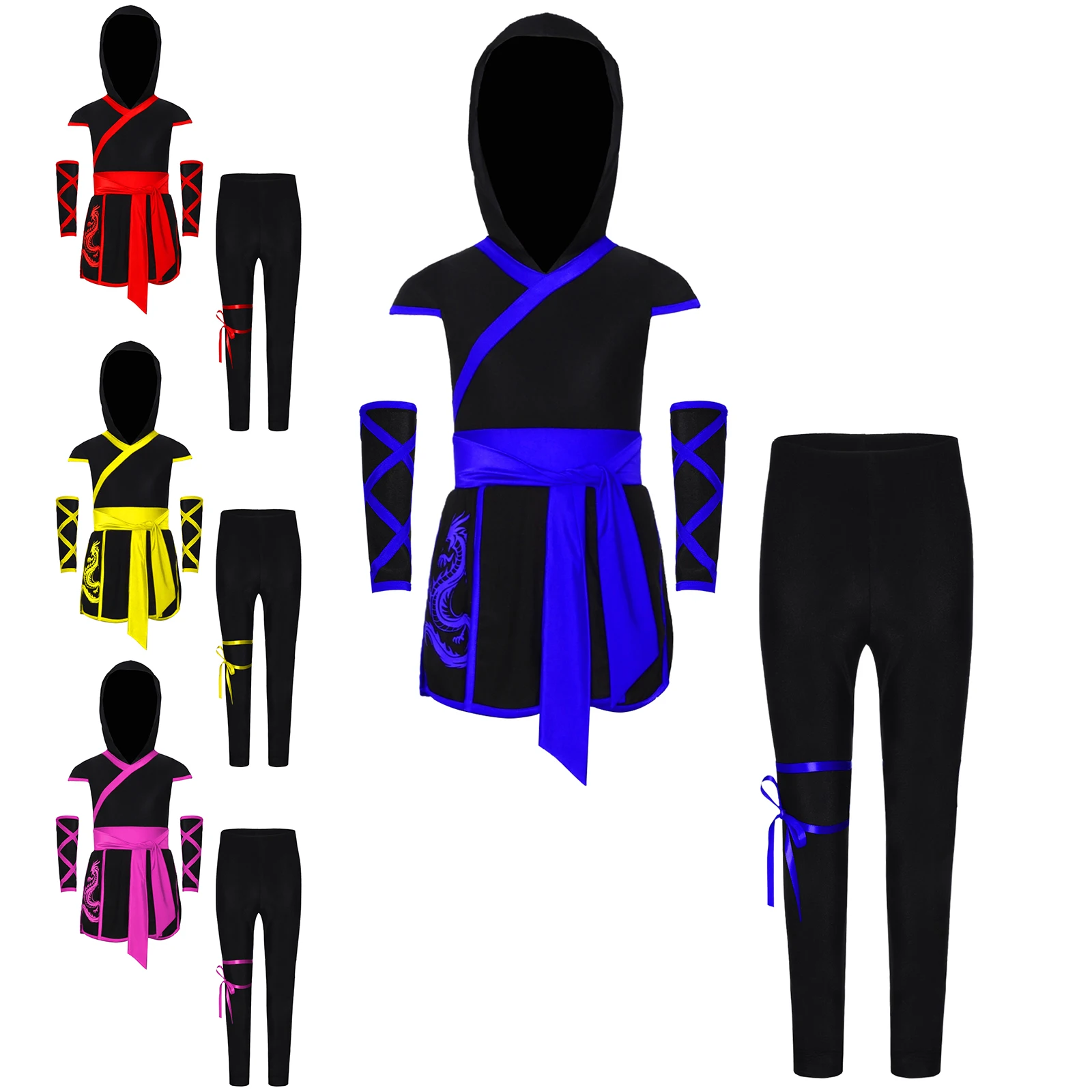 Kids Ninja Kung Fu Costume Halloween Carnival Party Dress Up Dragon Printed Waist Wide Sash Hooded Top with Pants Mask Gloves
Kids Ninja Kung Fu Costume Halloween Carnival Party Dress Up Dragon Printed Waist Wide Sash Hooded Top with Pants Mask Gloves