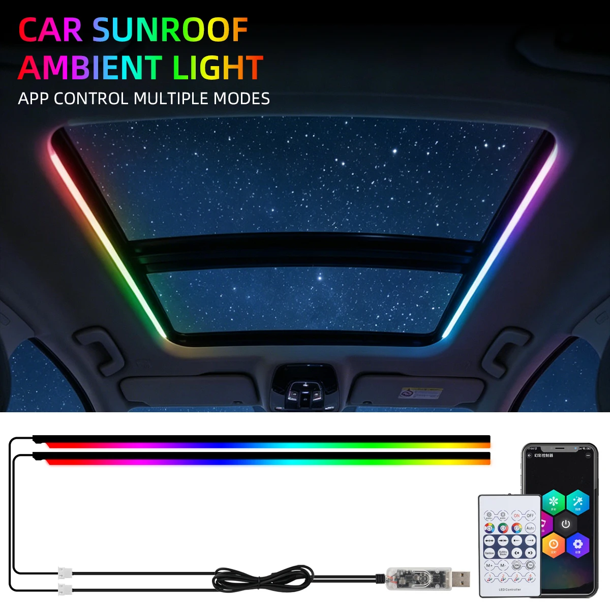 KEVANLY Symphonic APP Control 140cm x 2pcs LED Strip Skylight Ambient Light USB Car Roof Panoramic ambient light Plug-and-play
KEVANLY Symphonic APP Control 140cm x 2pcs LED Strip Skylight Ambient Light USB Car Roof Panoramic ambient light Plug-and-play
