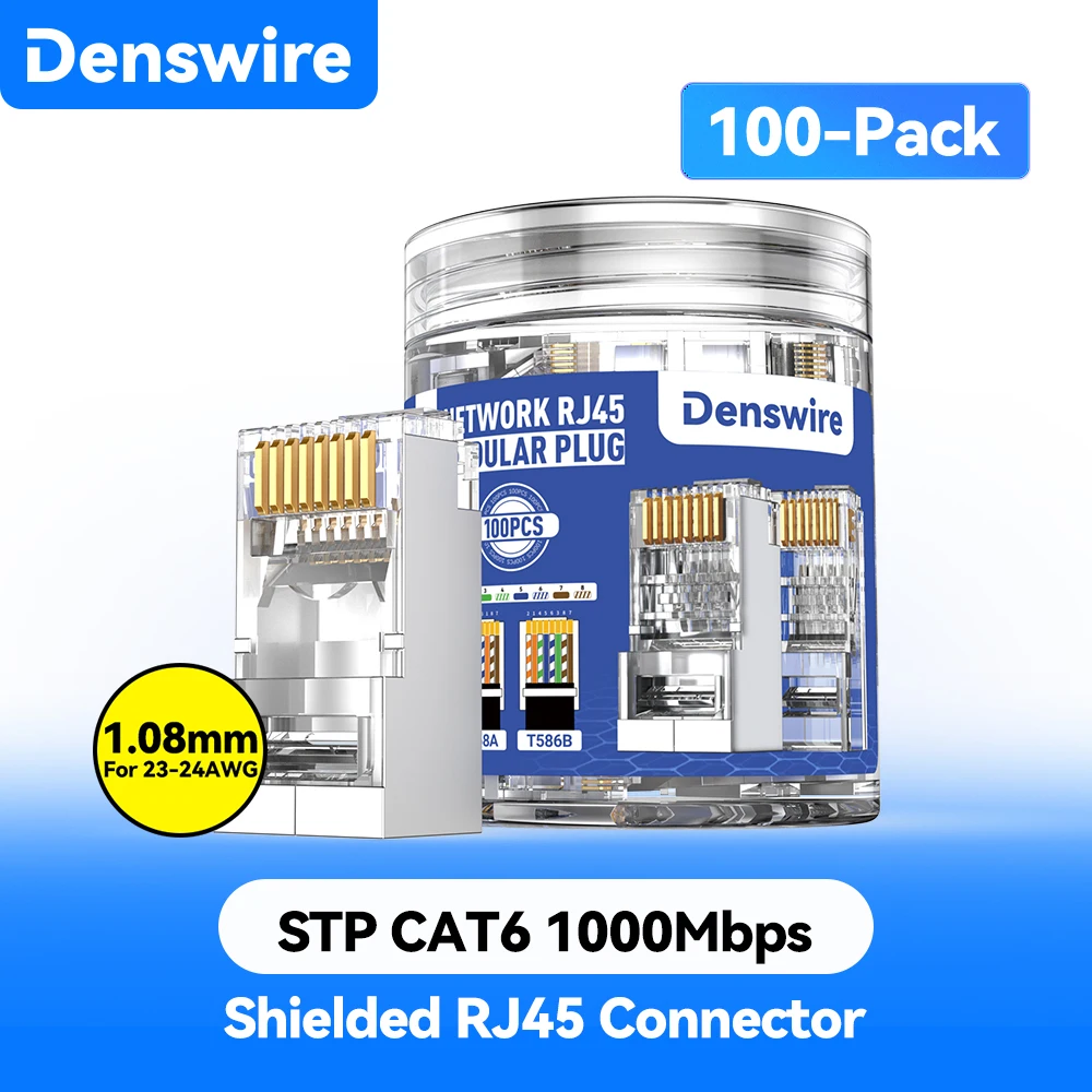 Denswire STP RJ45 Cat6 Pass-Through Connectors, FTP Crimp Modular Plugs, 3-Prong for Solid and Stranded Cable, 8P8C Design
Denswire STP RJ45 Cat6 Pass-Through Connectors, FTP Crimp Modular Plugs, 3-Prong for Solid and Stranded Cable, 8P8C Design