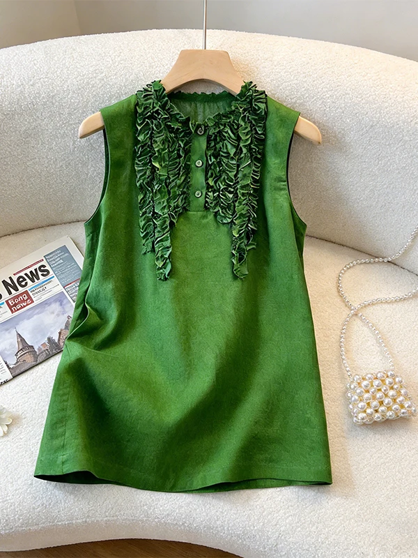 Summer 2026 plus Size Retro Green Ruffle Sleeveless Women's Vest Versatile Design Sensation Small Audience All Match Backless...