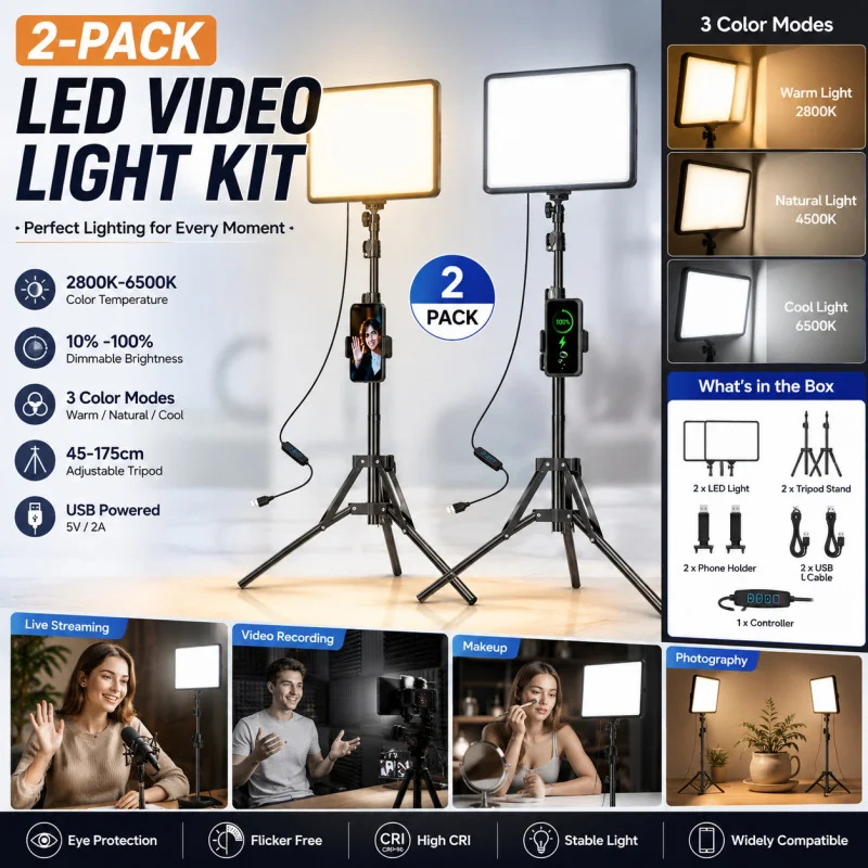 2-Pack LED Video Light Kit Dimmable 2800-6500K Studio Light with Tripod Stand Phone Holder for Live Streaming Vlog
2-Pack LED Video Light Kit Dimmable 2800-6500K Studio Light with Tripod Stand Phone Holder for Live Streaming Vlog