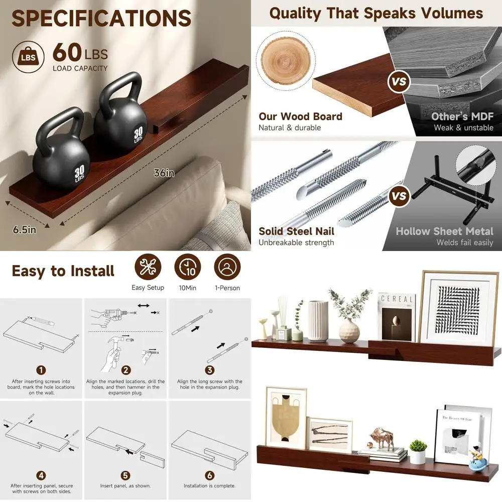 Rustic Wooden Wall Shelves Set of 2, 36 for Home Decor and Storage in Various Rooms, Brown
Rustic Wooden Wall Shelves Set of 2, 36 for Home Decor and Storage in Various Rooms, Brown