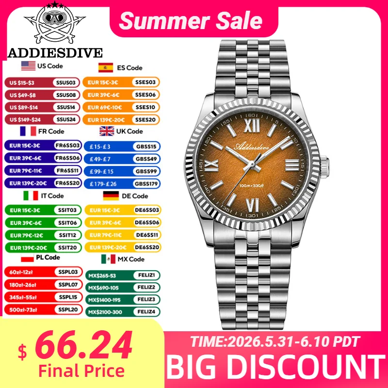 ADDIESDIVE 36mm Quartz Watches Sapphire Glass VH31 Movement BGW9 Luminous Luxury WristWatch 10Bar Waterproof Men's Dress Watch
ADDIESDIVE 36mm Quartz Watches Sapphire Glass VH31 Movement BGW9 Luminous Luxury WristWatch 10Bar Waterproof Men's Dress Watch