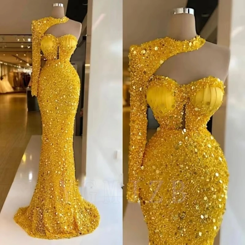 Gold Evening Dresses Long Luxury Mermaid One Shoulder Long Sleeve Formal Gowns Arabic Women Formal Prom Party Gowns Customized
Gold Evening Dresses Long Luxury Mermaid One Shoulder Long Sleeve Formal Gowns Arabic Women Formal Prom Party Gowns Customized