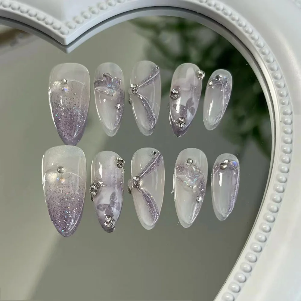 10pcs Almond Handmade False Nails Art Purple Shiny Fake Nail Set Finished Rhinestones Nails Press on Wearable Butterfly Manicure
10pcs Almond Handmade False Nails Art Purple Shiny Fake Nail Set Finished Rhinestones Nails Press on Wearable Butterfly Manicure
