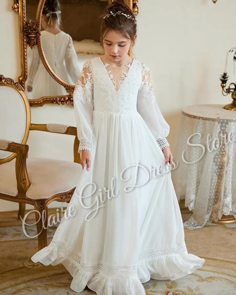 Платье с цветочным узором для девочек по индивидуальному заказу на свадьбу, кружевная аппликация, длинные рукава, v-образный вырез, оборки, детское платье для дня рождения, первого причастия 
Платье с цветочным узором для девочек по индивидуальному заказу на свадьбу, кружевная аппликация, длинные рукава, v-образный вырез, оборки, детское платье для дня рождения, первого причастия