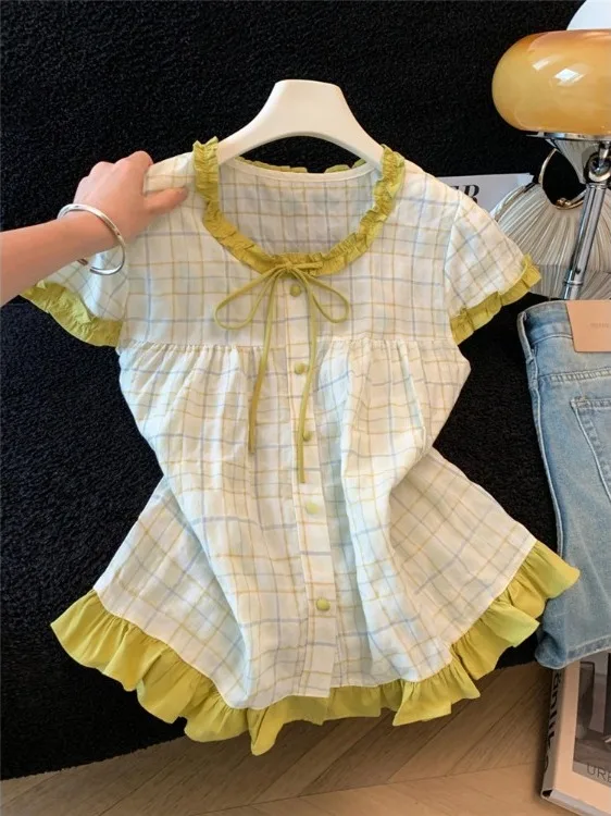 Sweet Color Block Short Sleeve Plaid Women's Shirt Korean Style Slimming Top Summer New Arrival Casual Commute
Sweet Color Block Short Sleeve Plaid Women's Shirt Korean Style Slimming Top Summer New Arrival Casual Commute