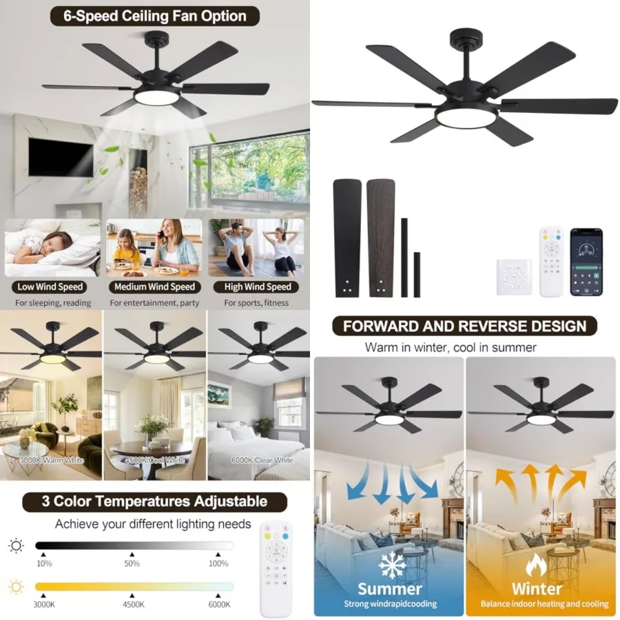 52in Black Low Profile Ceiling Fan with Light, Remote Control, 6 Blades, Dimmable LED, Flush Mount, Reversible, 6 Speeds, Ultra
52in Black Low Profile Ceiling Fan with Light, Remote Control, 6 Blades, Dimmable LED, Flush Mount, Reversible, 6 Speeds, Ultra