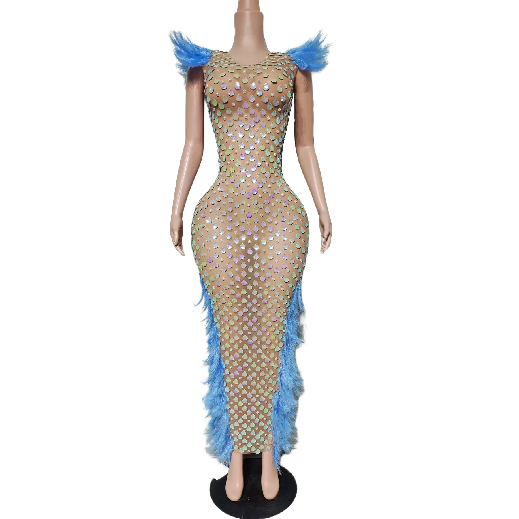 Lanxi Iridescent Mermaid Rhinestone Sheer Mesh Dress with Blue Feather Trim for Sexy Club Nights and Bold Events
Lanxi Iridescent Mermaid Rhinestone Sheer Mesh Dress with Blue Feather Trim for Sexy Club Nights and Bold Events